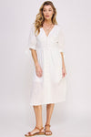 Cute 3/4 PUFF SLV TEXTURE VNECK BUTTON DOWN MIDI DRESS