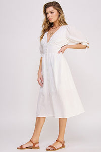 Pretty 3/4 PUFF SLV TEXTURE VNECK BUTTON DOWN MIDI DRESS