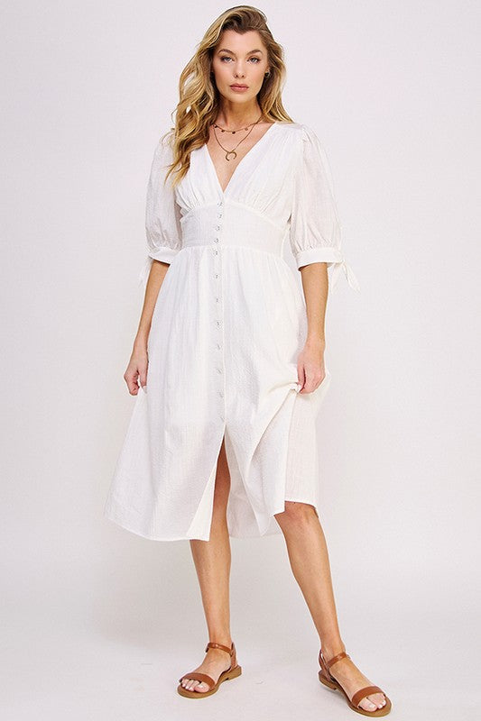 Front view of 3/4 PUFF SLV TEXTURE VNECK BUTTON DOWN MIDI DRESS