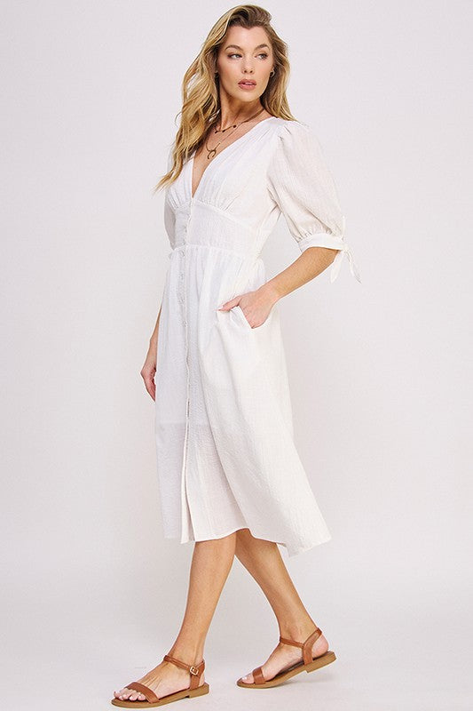 Purchase 3/4 PUFF SLV TEXTURE VNECK BUTTON DOWN MIDI DRESS