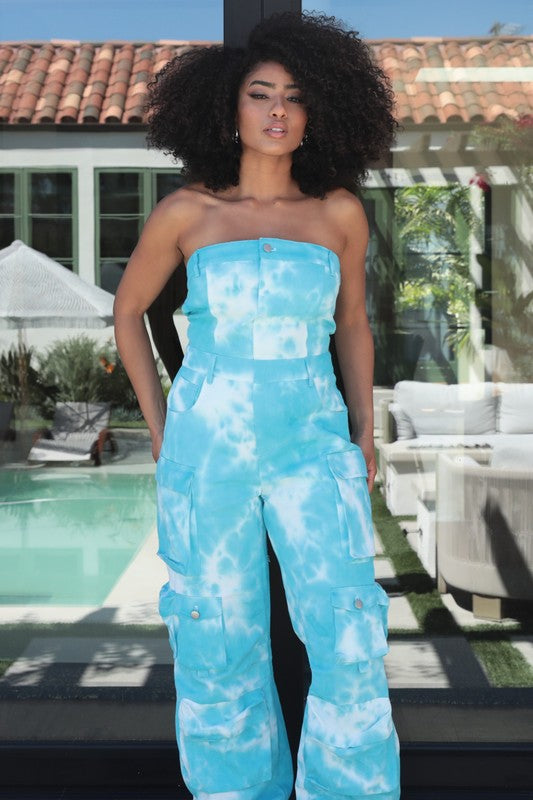 Cute Blue Tie Dye Strapless Utility Jumpsuit