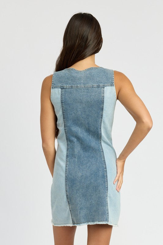 Back of COLOR BLOCK DENIM MINI DRESS