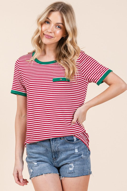 Cute Stripe Ribbed T Shirt with Contrast Binding