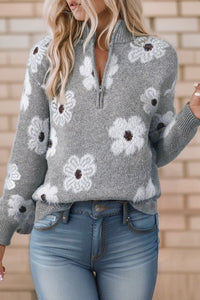 Floral Pattern Drop Shoulder Half Zip Sweater