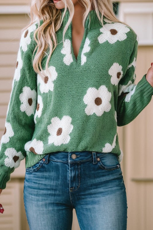 Floral Pattern Drop Shoulder Half Zip Sweater