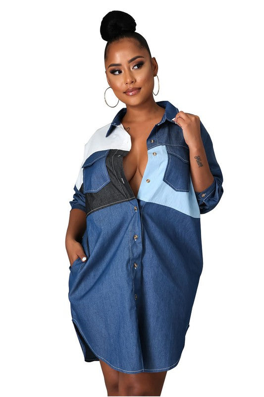 WOMEN FASHION LONG SLEEVE PLUS SIZE SHIRT DRESS