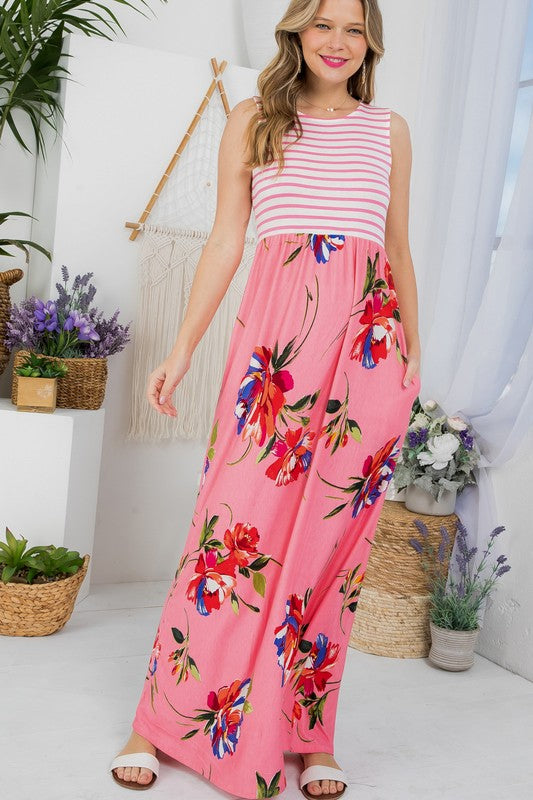 Model showing pocket of LORAL MIX TANK MAXI DRESS-pink