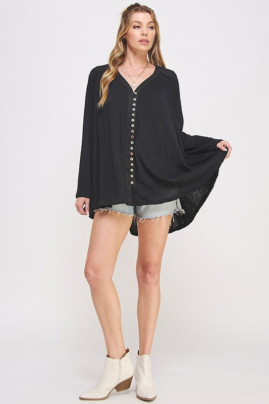 LONG SLEEVE V-NECK OVERSIZED BUTTON DOWN TUNIC