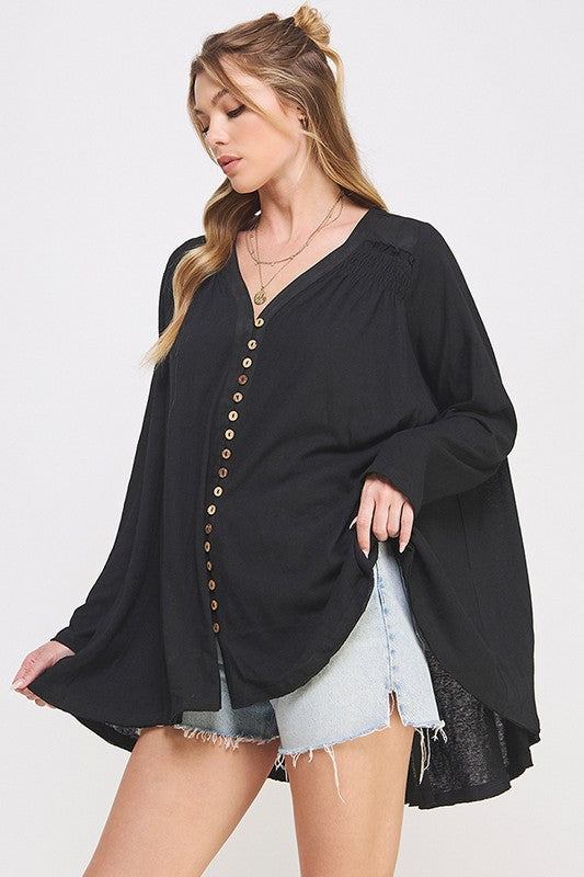 PLUS LONG SLV V-NECK OVERSIZED BUTTON DOWN TUNIC