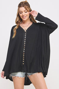 PLUS LONG SLV V-NECK OVERSIZED BUTTON DOWN TUNIC