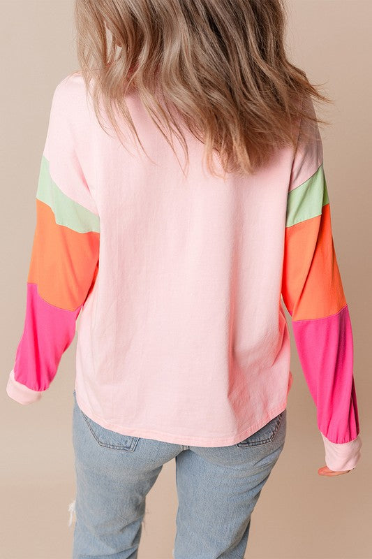 Women Colorblock Patchwork Long Sleeve Loose Top