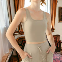 Beige Women Cross Back Sports Bra Tight Fit Quick Drying Tank Tops