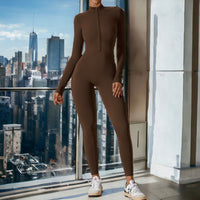 Brown Zipper Long Sleeved Fitness Training Workout Bodysuit