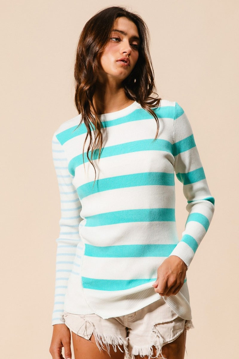 Front view of BiBi Contrast Striped Asymmetrical Hem Knit Top