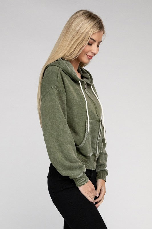 Women's Acid Wash Fleece Cropped Zip-Up Hoodie