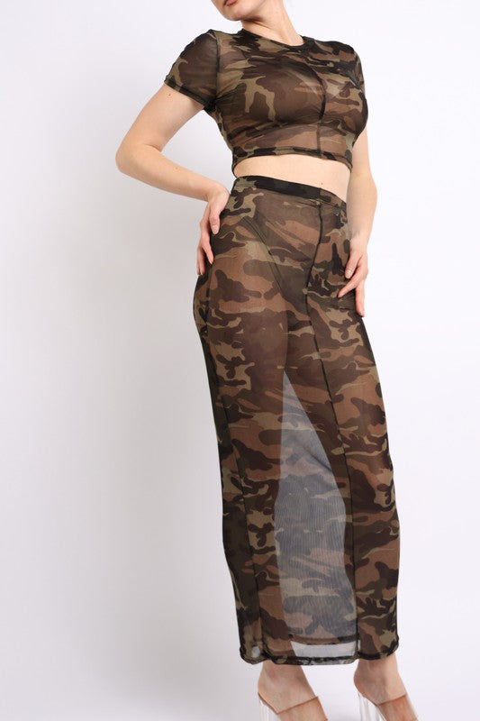 Front view of Camo printed top and maxi skirt set