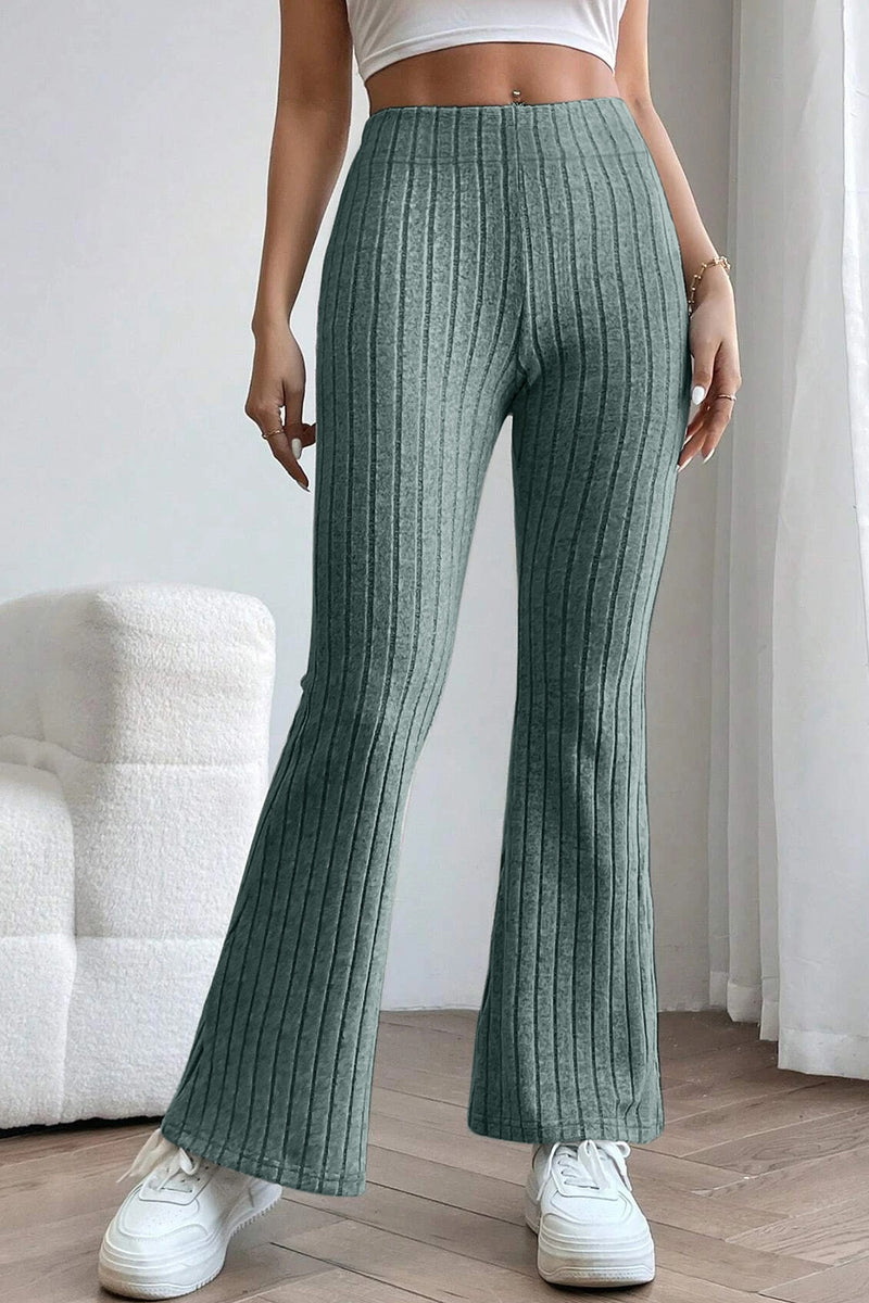 Close up view of Basic Bae Full Size Ribbed High Waist Flare Pants