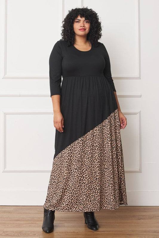 Black and brown Asymmetrical Leopard Accent Maxi Dress