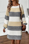 front view of Color Block Boat Neck Long Sleeve Sweater Dress