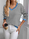 Contrast Trim Striped V-Neck Long Sleeve Knit Top