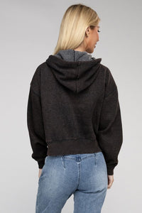 Black Acid Wash Fleece Cropped Zip-Up Hoodie