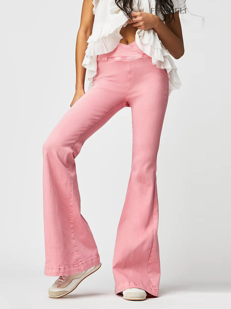 Pink Asymmetric Waist Flare Jeans