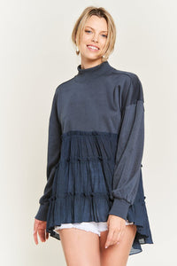 Front view of MOCK NECK TUNIC KNIT TOP PLUS-blue