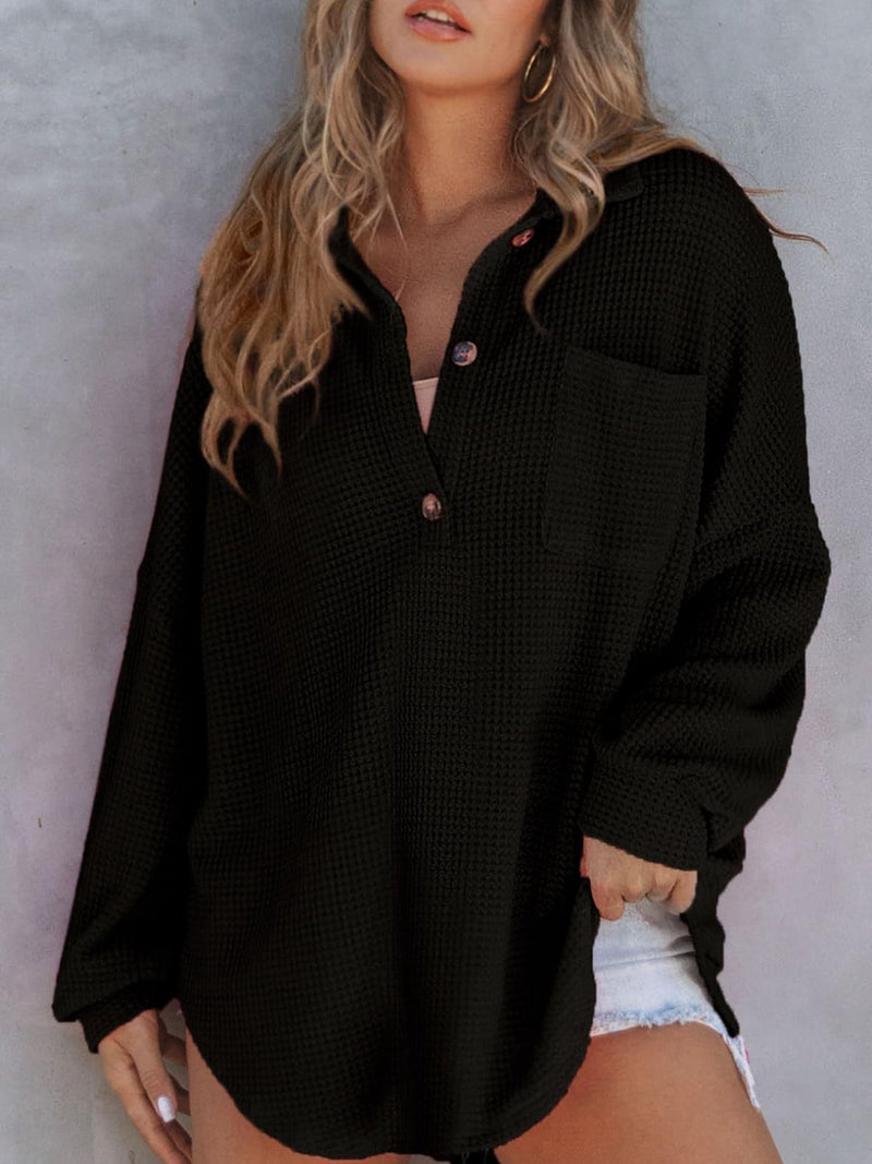 Black Waffle-Knit Dropped Shoulder Long Sleeve Sweatshirt