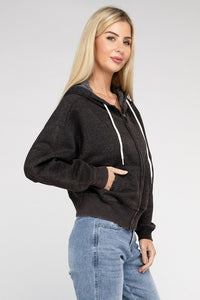 Fleece Cropped Zip-Up Hoodie in black