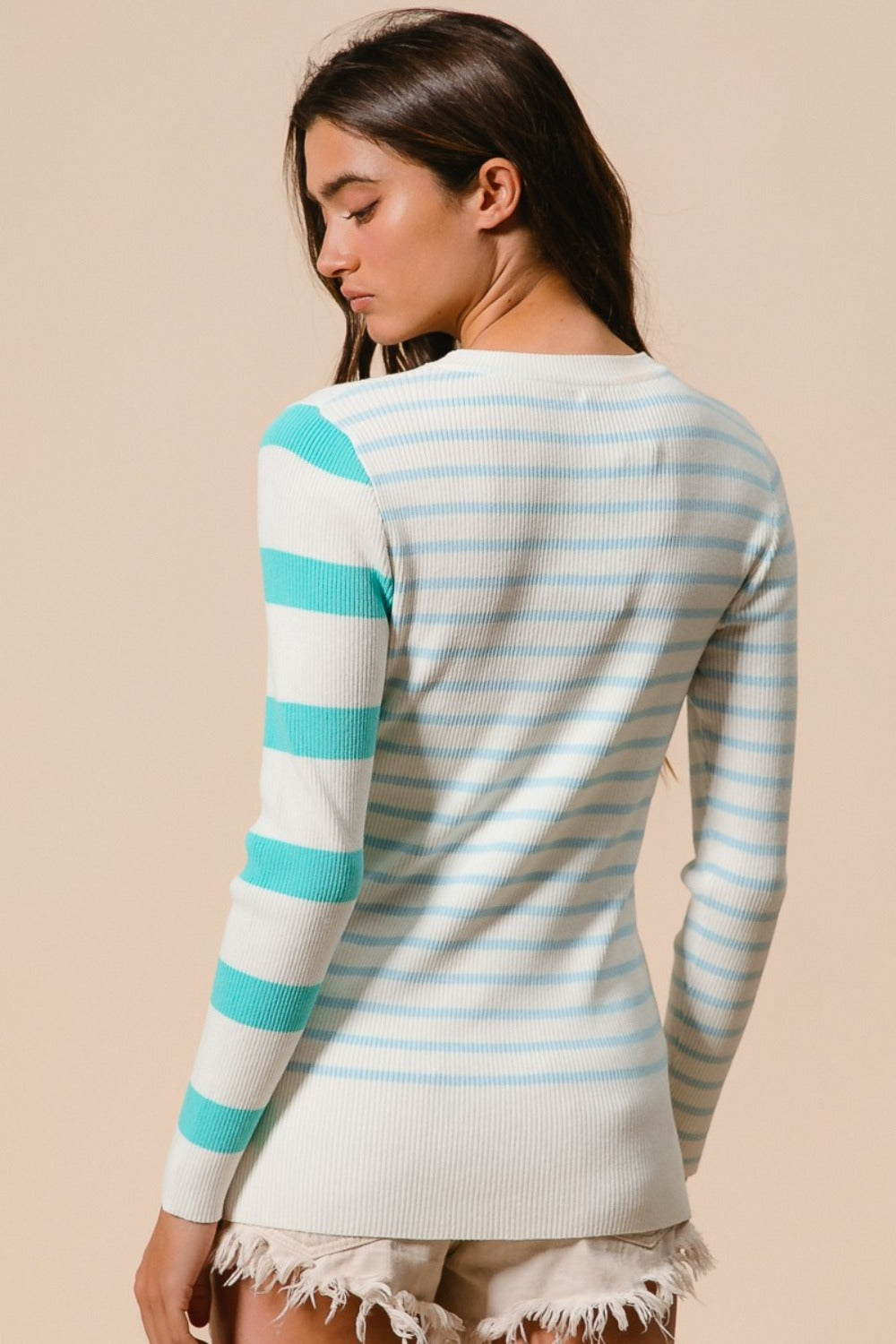 Back view of BiBi Contrast Striped Asymmetrical Hem Knit Top