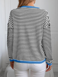 Contrast Trim Striped V-Neck Long Sleeve Knit Top