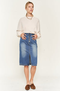 A full body view of Denim button down front midi skirt 