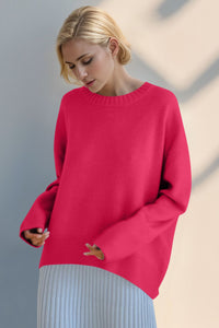 Pink Basic Bae Round Neck Dropped Shoulder Sweater