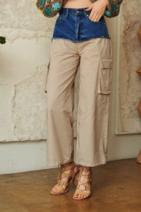 Davi & Dani Denim Patchwork Wide Leg Pants with Cargo Pockets