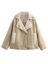 Beige Collared Neck Long Sleeve Plush Jacket