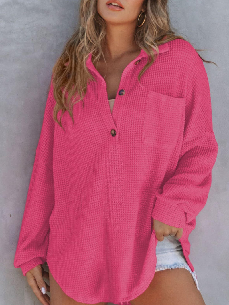 Pink Waffle-Knit Dropped Shoulder Long Sleeve Sweatshirt