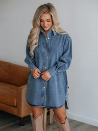 Front view of Button Up Collared Neck Long Sleeve Denim Dress