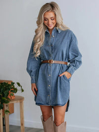 Model showing pocket on Button Up Collared Neck Long Sleeve Denim Dress