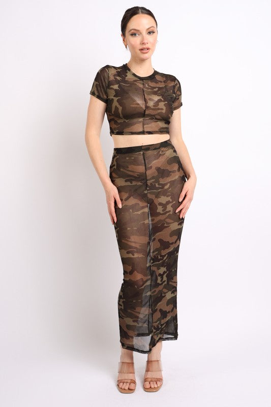 Camo printed top and maxi skirt set