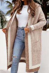 Pocketed Contrast Long Sleeve Hooded Cardigan