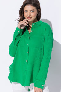 Front WRINKLED GAUZE BUTTON DOWN SHIRT WITH ROUGH EDGING