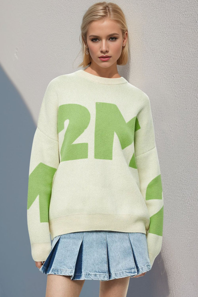 Green Basic Bae Contrast Letter Round Neck Long Sleeve Sweater