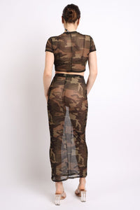 Full view of the back of Camo printed top and maxi skirt set