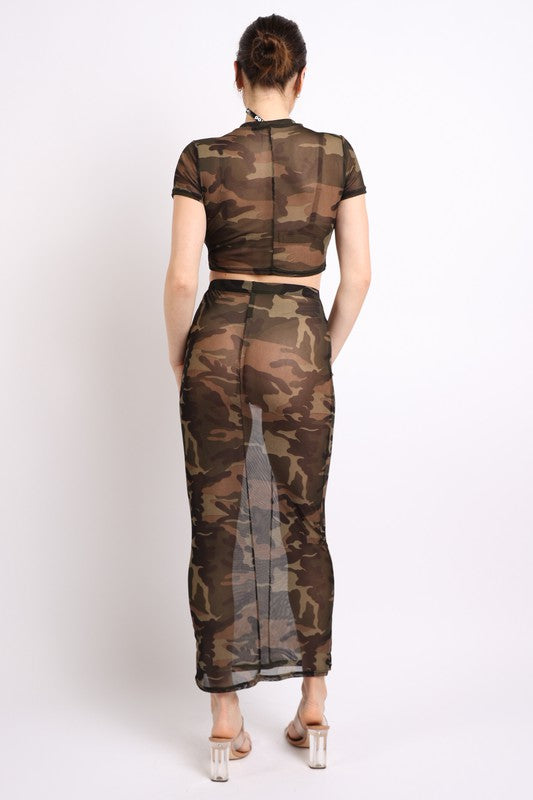 Full view of the back of Camo printed top and maxi skirt set