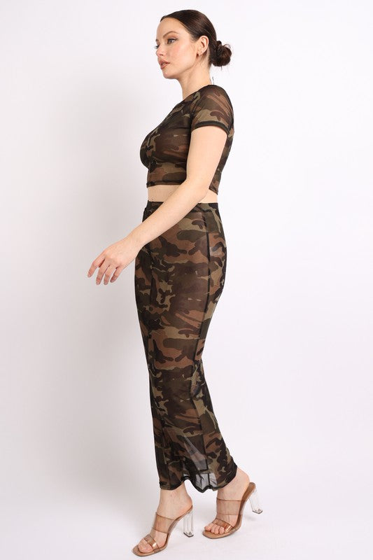 Camo printed top and maxi skirt set