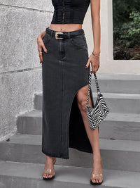 Slit Midi Denim Skirt with Pockets