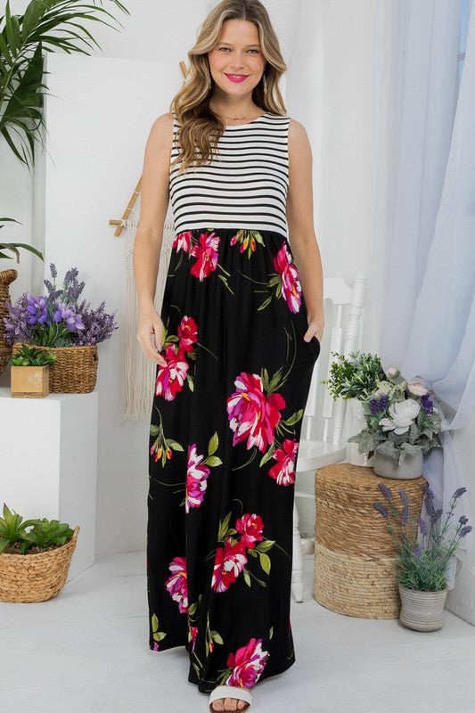 Front view of FLORAL MIX TANK MAXI DRESS-black