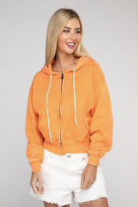 orange Acid Wash Fleece Cropped Zip-Up Hoodie