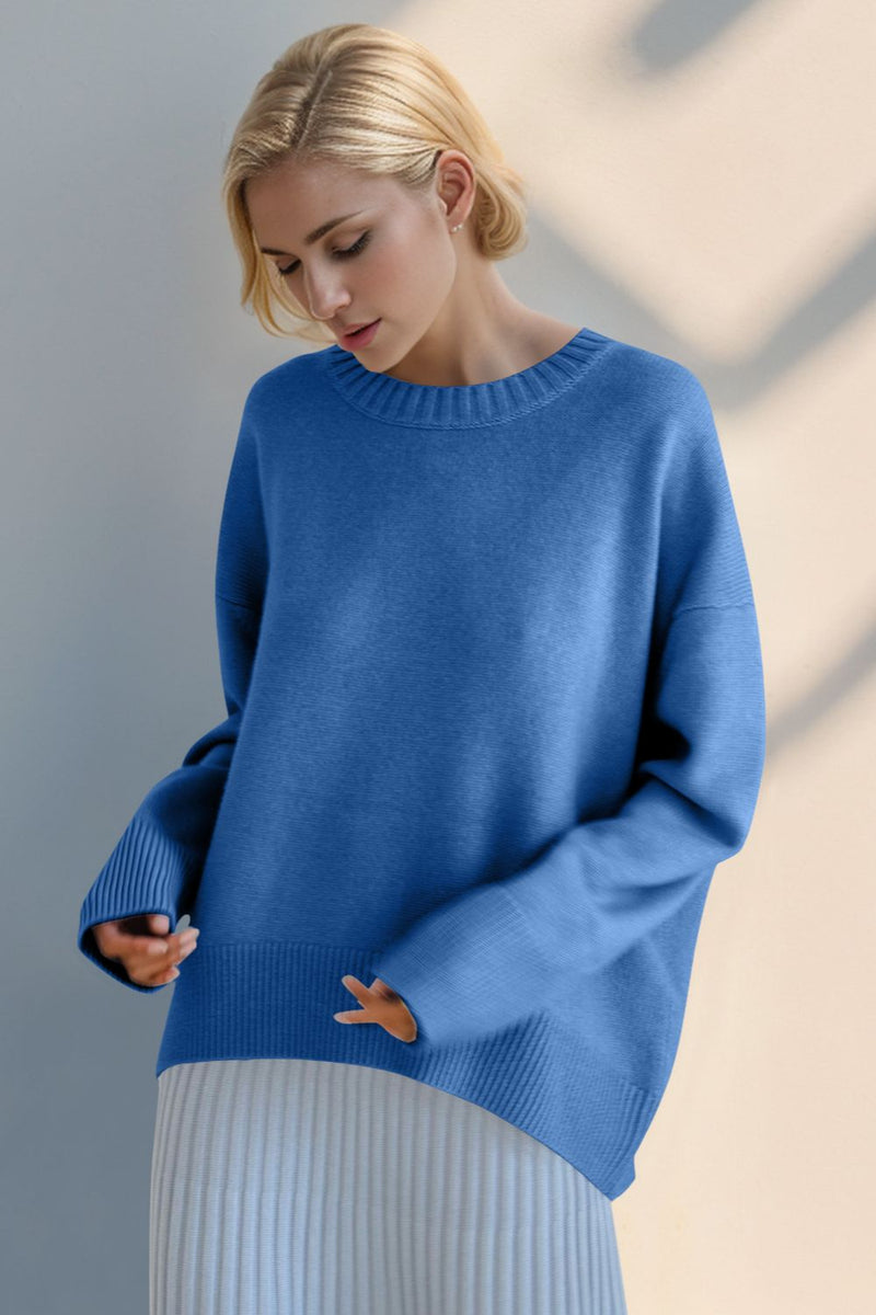 Blue Basic Bae Round Neck Dropped Shoulder Sweater