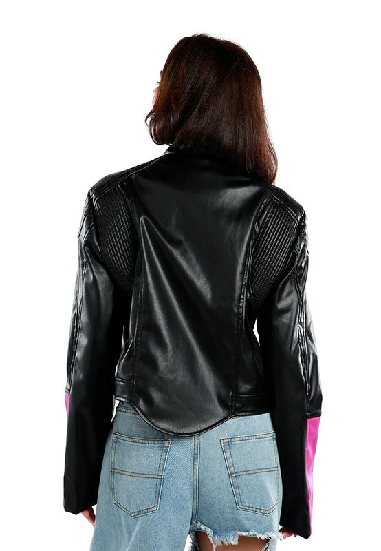 Color Block Faux Leather Biker Jacket